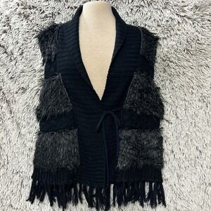 Jennifer Lauren Plus‎ Women's Black Faux Fur Knitted Vest Size 2X Fringe Boho